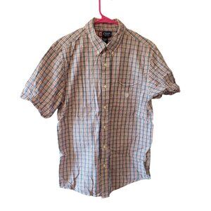Chaps Shirt Mens L White Blue Plaid Seersucker Button Front Short Sleeve Logo